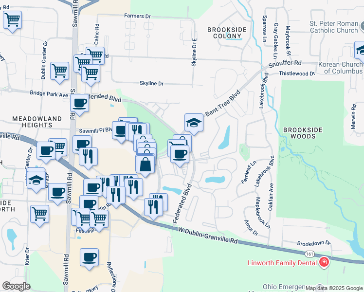 map of restaurants, bars, coffee shops, grocery stores, and more near 6960 Bent Tree Boulevard in Columbus