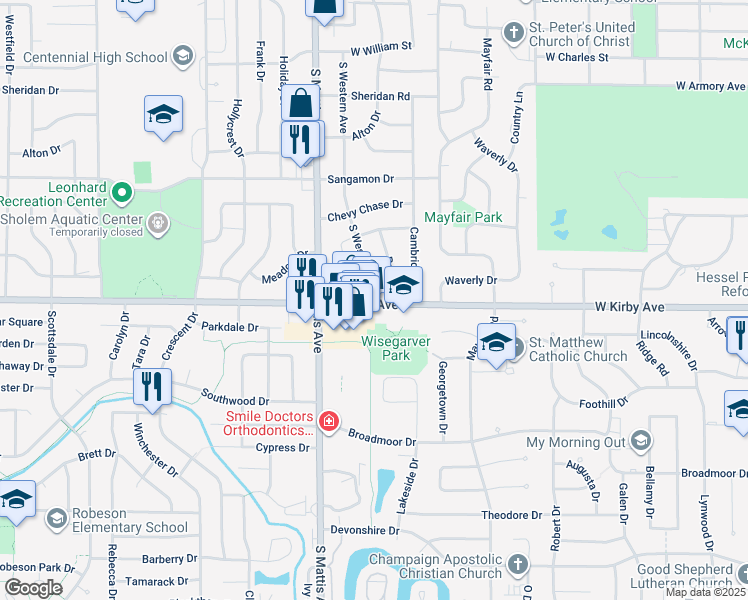 map of restaurants, bars, coffee shops, grocery stores, and more near in Champaign
