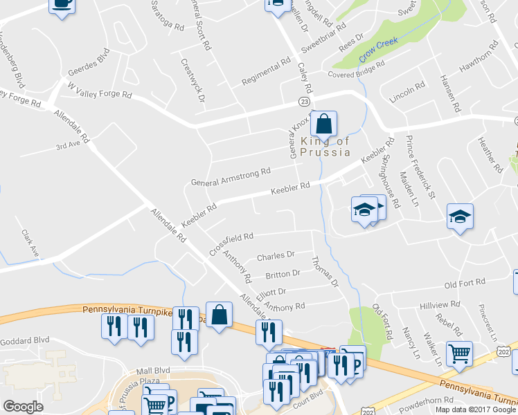 map of restaurants, bars, coffee shops, grocery stores, and more near 410 Langdale Court in King of Prussia