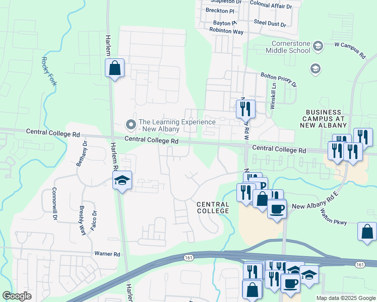 map of restaurants, bars, coffee shops, grocery stores, and more near 5935 Central College Road in New Albany