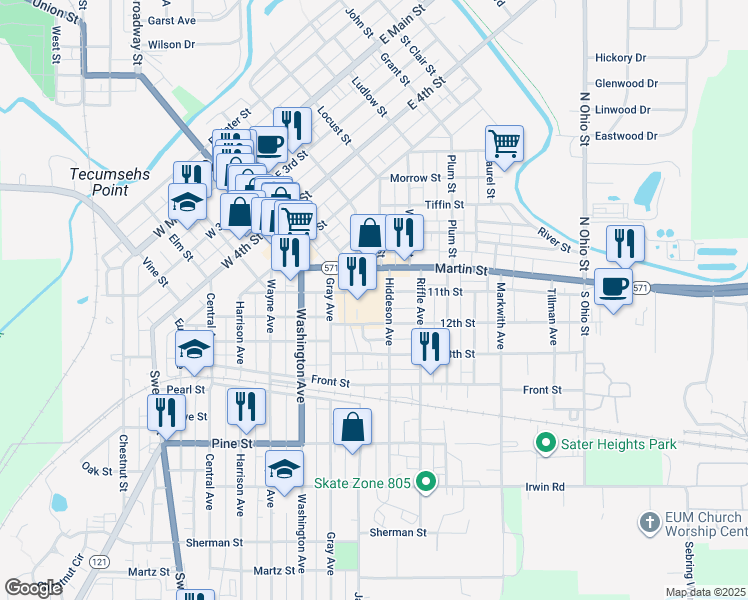 map of restaurants, bars, coffee shops, grocery stores, and more near 325 Martin Street in Greenville