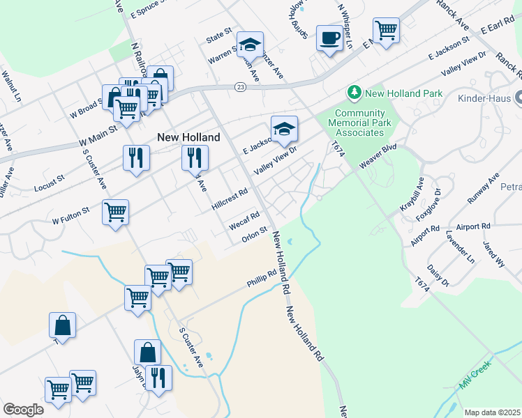 map of restaurants, bars, coffee shops, grocery stores, and more near 426 Brimmer Avenue in New Holland