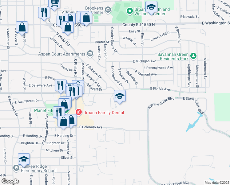 map of restaurants, bars, coffee shops, grocery stores, and more near 1801 James Cherry Drive in Urbana