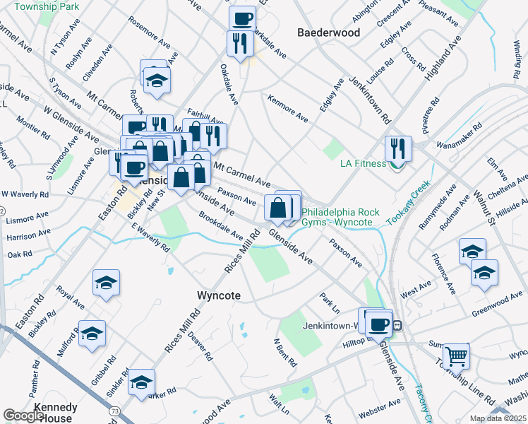 map of restaurants, bars, coffee shops, grocery stores, and more near 408 Paxson Avenue in Glenside