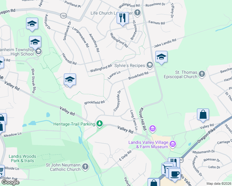 map of restaurants, bars, coffee shops, grocery stores, and more near 2836 Countryside Drive in Lancaster