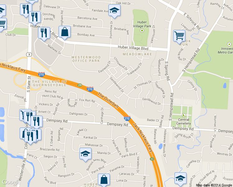 map of restaurants, bars, coffee shops, grocery stores, and more near 1034 Gateshead Way in Westerville