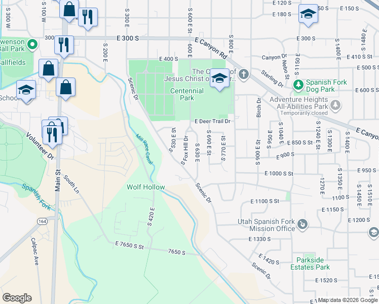 map of restaurants, bars, coffee shops, grocery stores, and more near 855 South Fox Hill Drive in Spanish Fork