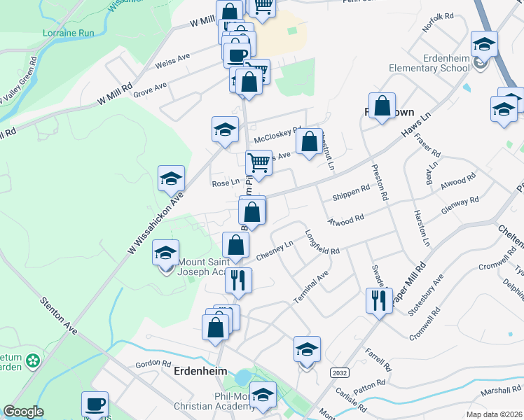 map of restaurants, bars, coffee shops, grocery stores, and more near 6 Haws Lane in Flourtown