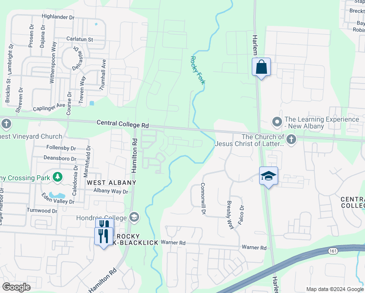 map of restaurants, bars, coffee shops, grocery stores, and more near 6445 Walnut Fork Drive in Westerville