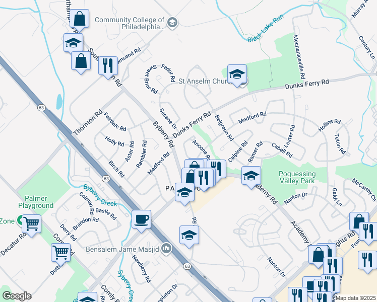 map of restaurants, bars, coffee shops, grocery stores, and more near 12419 Balston Road in Philadelphia