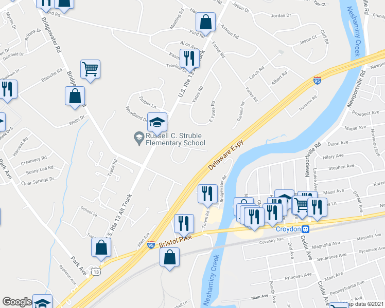map of restaurants, bars, coffee shops, grocery stores, and more near 4201 Roberts Circle in Bensalem