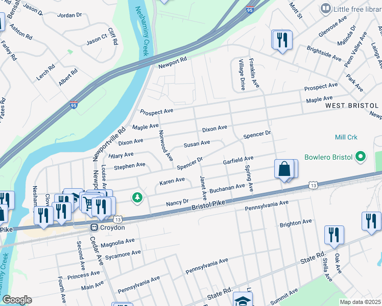 map of restaurants, bars, coffee shops, grocery stores, and more near 1407 Spencer Circle in Croydon