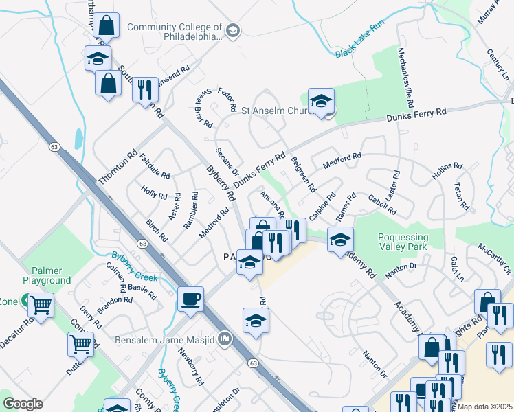 map of restaurants, bars, coffee shops, grocery stores, and more near 12419 Balston Road in Philadelphia