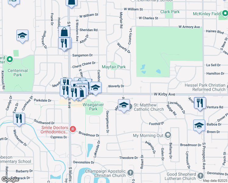 map of restaurants, bars, coffee shops, grocery stores, and more near 1503 West Kirby Avenue in Champaign