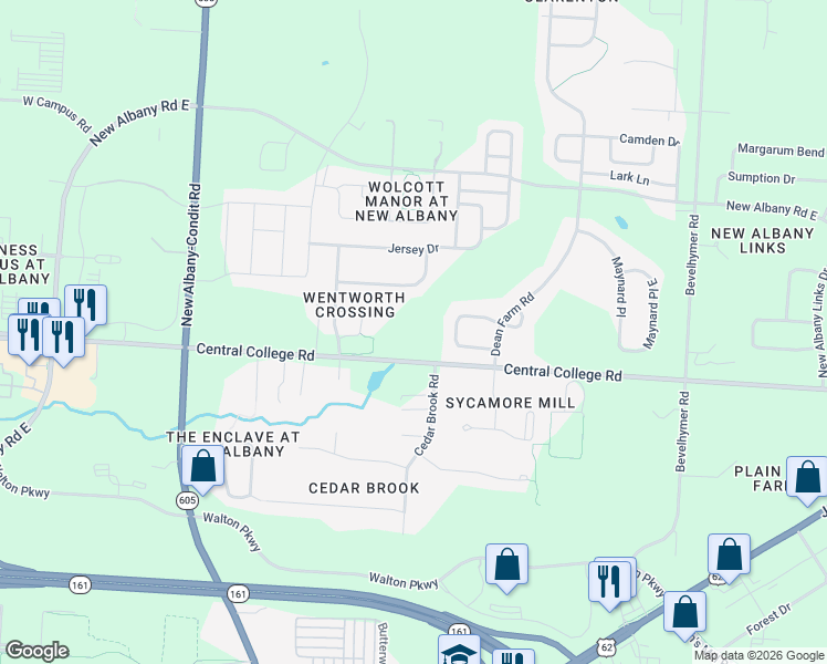 map of restaurants, bars, coffee shops, grocery stores, and more near 6934 Central College Road in New Albany