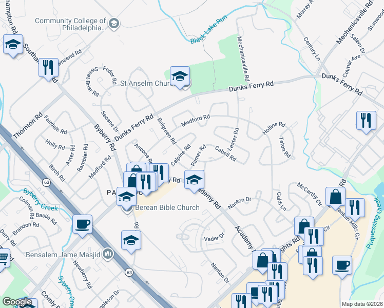 map of restaurants, bars, coffee shops, grocery stores, and more near 3320 Belgreen Road in Philadelphia
