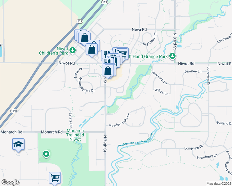 map of restaurants, bars, coffee shops, grocery stores, and more near 6899 Countryside Lane in Niwot
