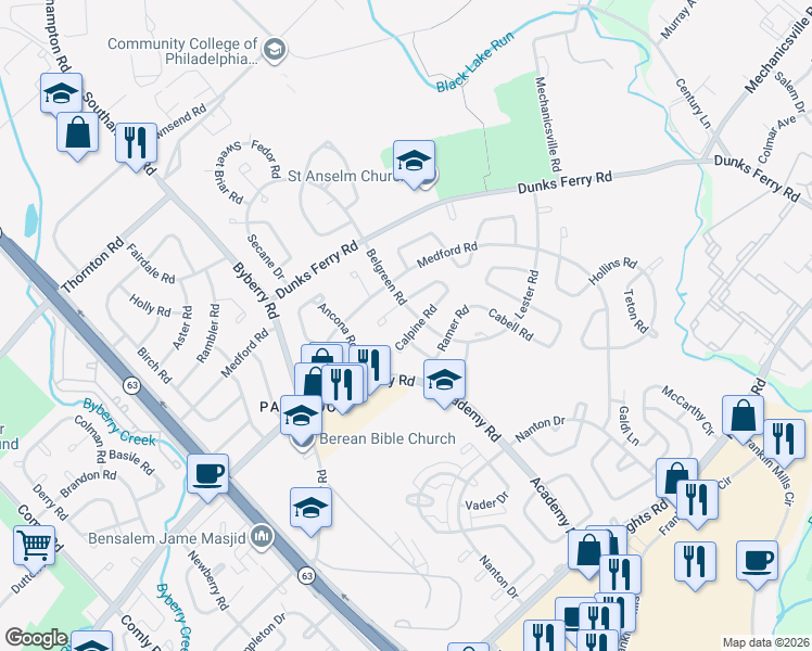 map of restaurants, bars, coffee shops, grocery stores, and more near 12520 Calpine Road in Philadelphia