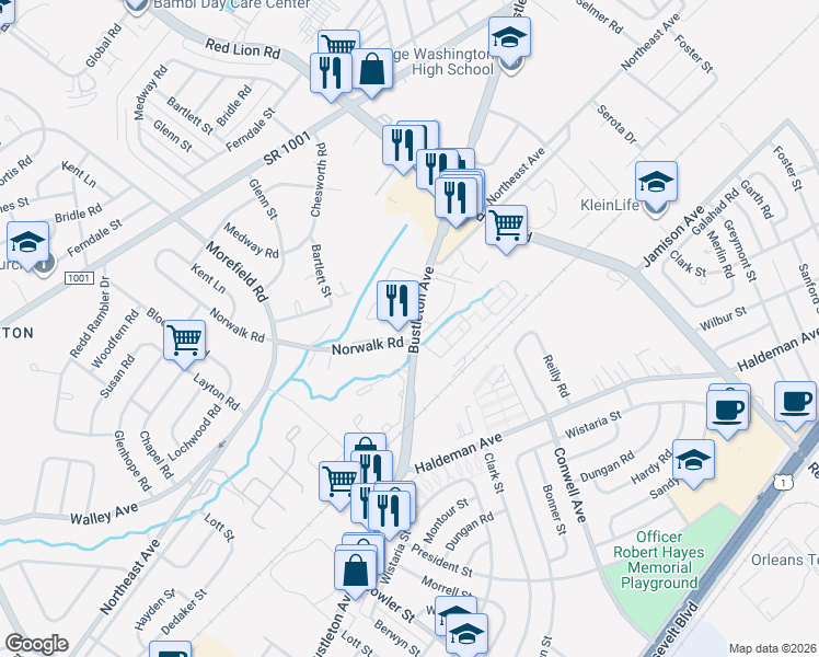 map of restaurants, bars, coffee shops, grocery stores, and more near 9915 Bustleton Avenue in Philadelphia