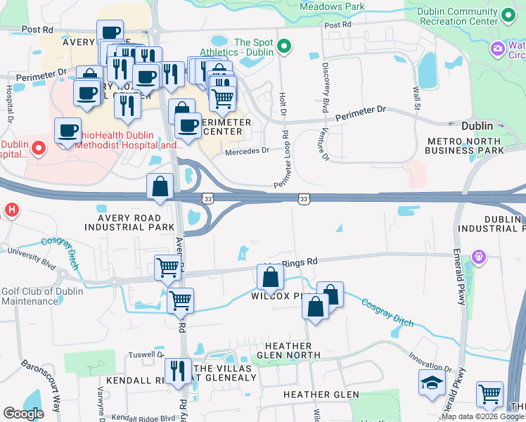 map of restaurants, bars, coffee shops, grocery stores, and more near 3 West Bridge Street in Dublin