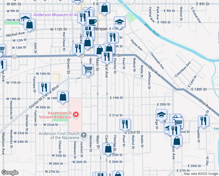 map of restaurants, bars, coffee shops, grocery stores, and more near 1809 Central Avenue in Anderson