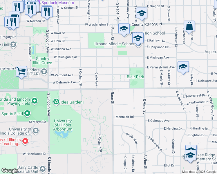 map of restaurants, bars, coffee shops, grocery stores, and more near 210 West Florida Avenue in Urbana
