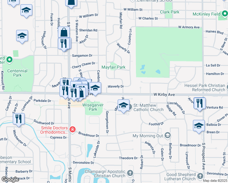 map of restaurants, bars, coffee shops, grocery stores, and more near 1503 West Kirby Avenue in Champaign