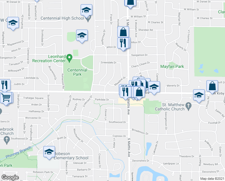 map of restaurants, bars, coffee shops, grocery stores, and more near 1907 West Kirby Avenue in Champaign