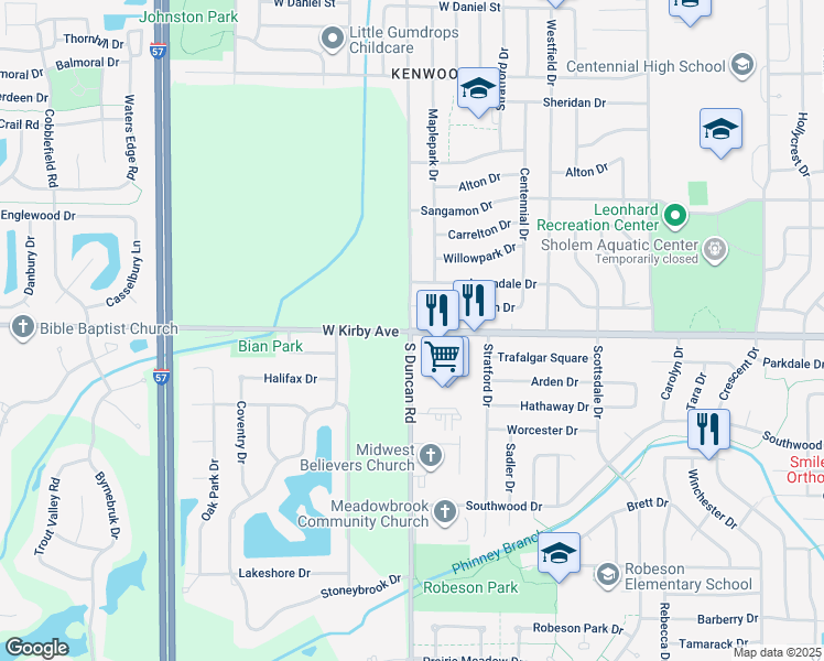 map of restaurants, bars, coffee shops, grocery stores, and more near 2913 West Kirby Avenue in Champaign