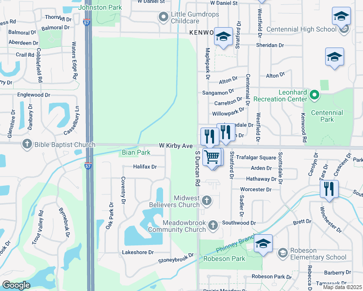 map of restaurants, bars, coffee shops, grocery stores, and more near 2913 West Kirby Avenue in Champaign