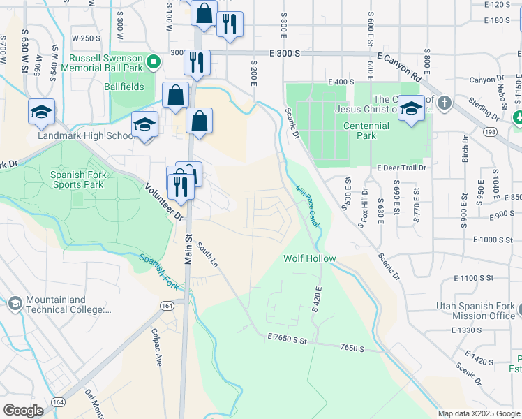map of restaurants, bars, coffee shops, grocery stores, and more near East 850 South in Spanish Fork