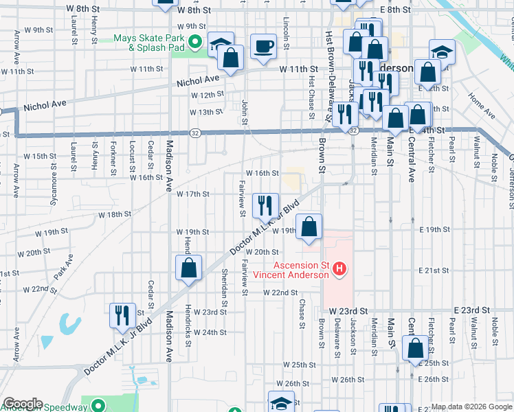 map of restaurants, bars, coffee shops, grocery stores, and more near 1808 Morton Street in Anderson
