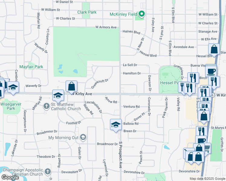 map of restaurants, bars, coffee shops, grocery stores, and more near 905 West Kirby Avenue in Champaign