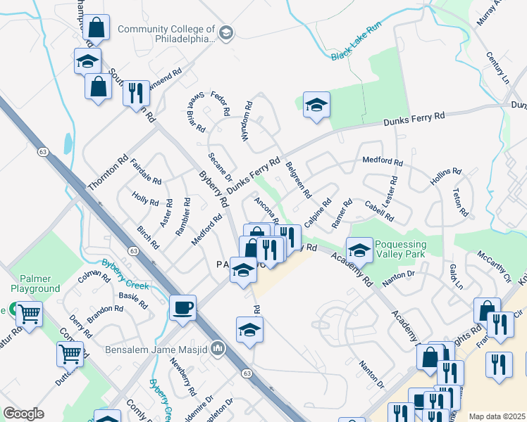 map of restaurants, bars, coffee shops, grocery stores, and more near 12412 Medford Road in Philadelphia
