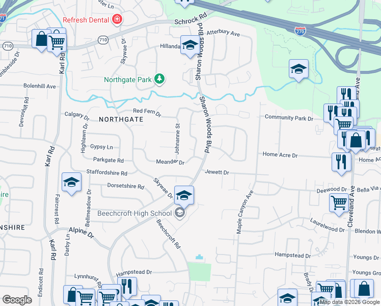 map of restaurants, bars, coffee shops, grocery stores, and more near 1983 Meander Drive in Columbus