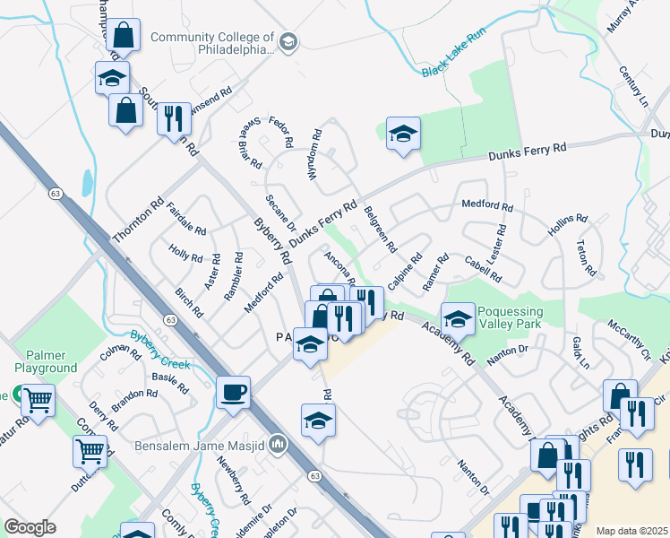 map of restaurants, bars, coffee shops, grocery stores, and more near 12412 Medford Road in Philadelphia