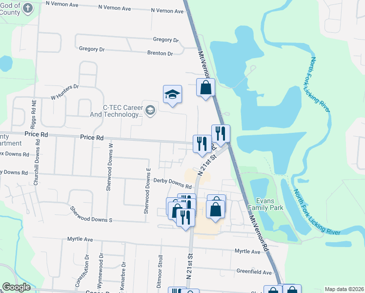 map of restaurants, bars, coffee shops, grocery stores, and more near 1867 Stanhope Drive in Newark