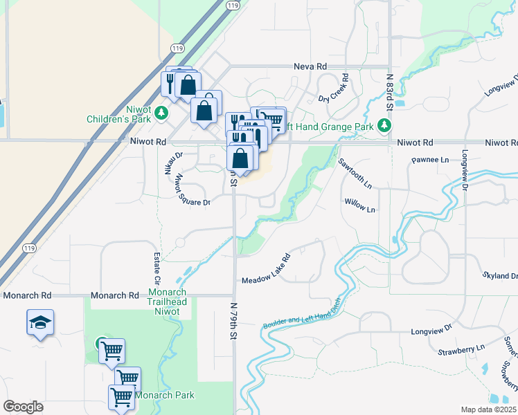 map of restaurants, bars, coffee shops, grocery stores, and more near 7955 Countryside Drive in Niwot