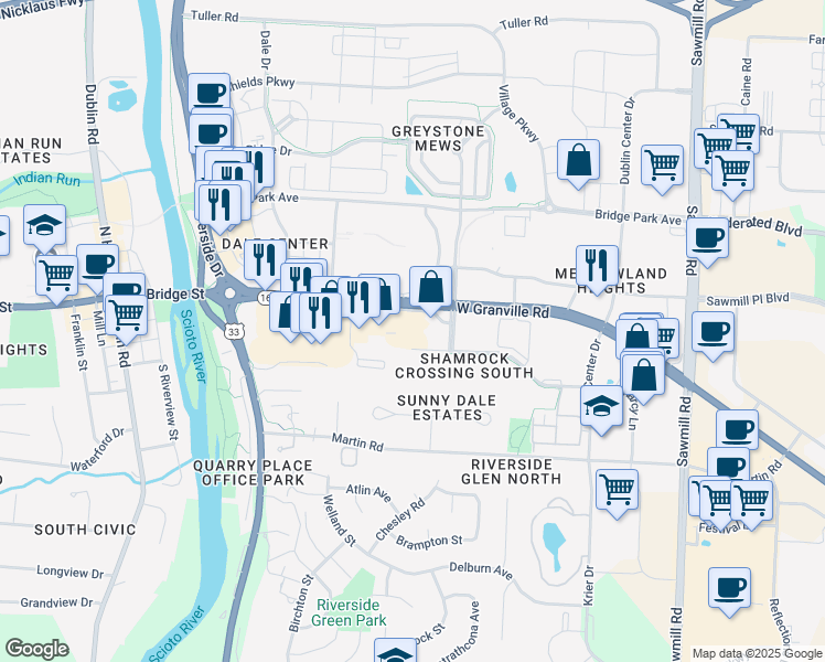 map of restaurants, bars, coffee shops, grocery stores, and more near 4209 West Dublin Granville Road in Dublin