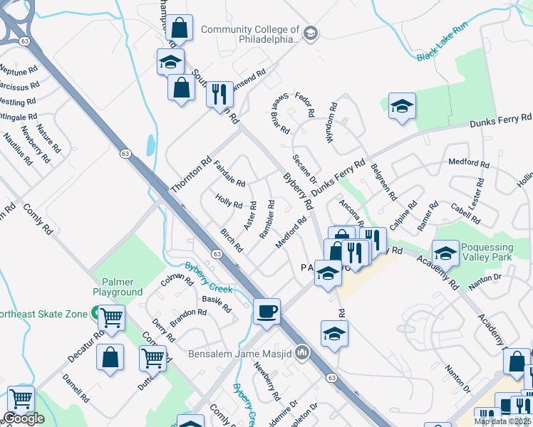 map of restaurants, bars, coffee shops, grocery stores, and more near 12214 Rambler Road in Philadelphia