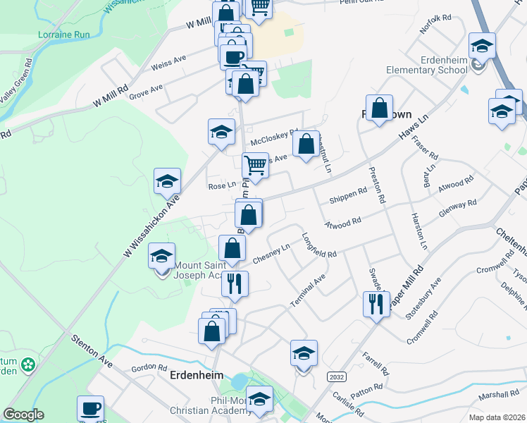 map of restaurants, bars, coffee shops, grocery stores, and more near 6 Haws Lane in Flourtown