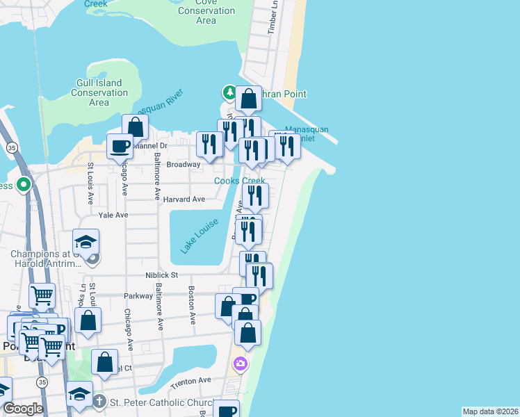 map of restaurants, bars, coffee shops, grocery stores, and more near 16 Danby Place in Point Pleasant Beach