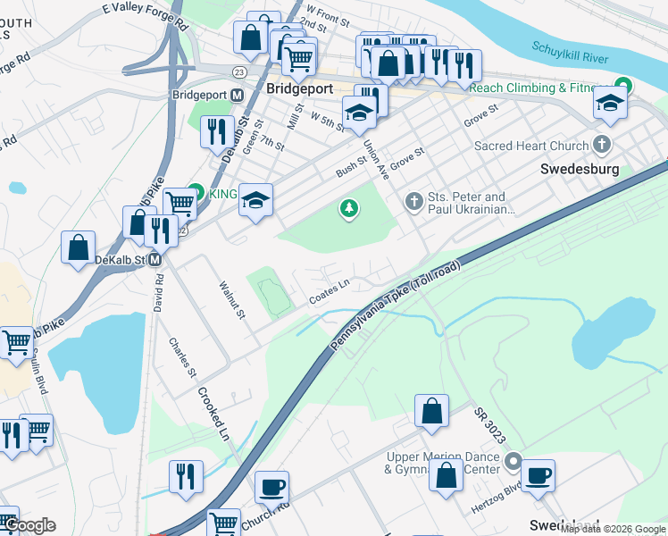 map of restaurants, bars, coffee shops, grocery stores, and more near 204 Holly Drive in King of Prussia