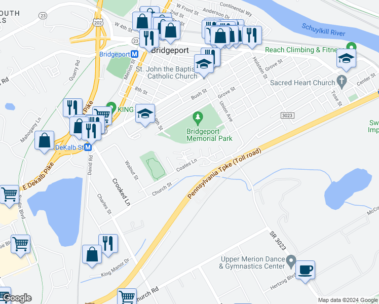 map of restaurants, bars, coffee shops, grocery stores, and more near 230 Holly Drive in King of Prussia