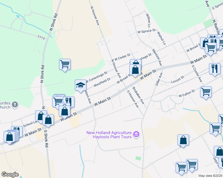 map of restaurants, bars, coffee shops, grocery stores, and more near 554 West Broad Street in New Holland