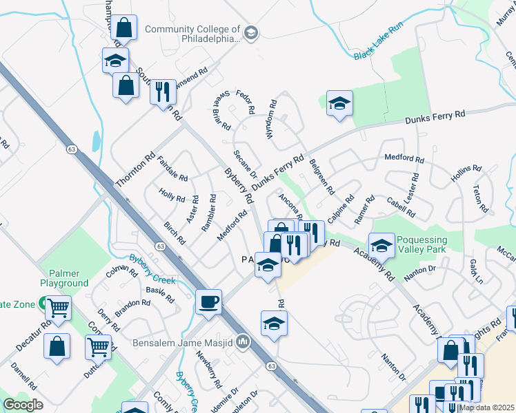map of restaurants, bars, coffee shops, grocery stores, and more near 3221 Byberry Road in Philadelphia