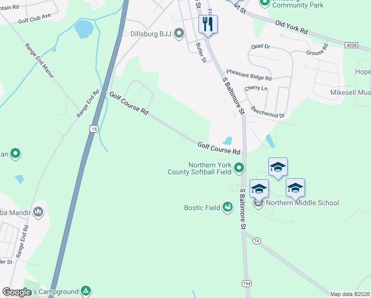 map of restaurants, bars, coffee shops, grocery stores, and more near 15 Golf Course Rd in Dillsburg