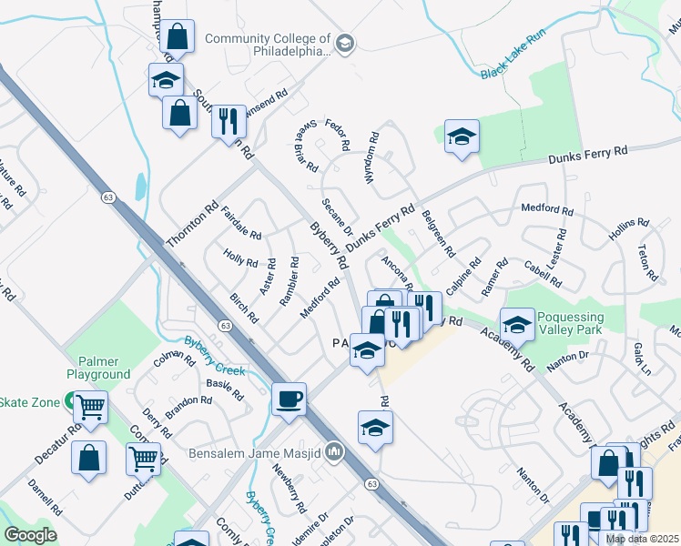 map of restaurants, bars, coffee shops, grocery stores, and more near 12252 Medford Road in Philadelphia