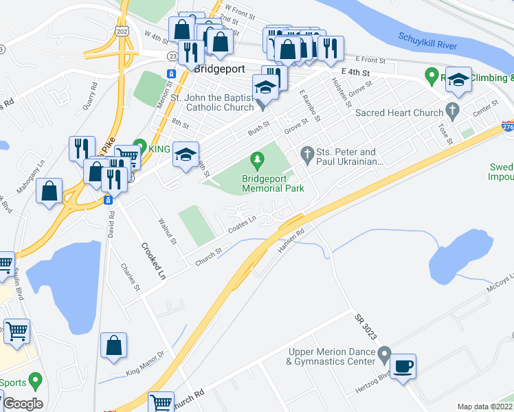 map of restaurants, bars, coffee shops, grocery stores, and more near 604 Coates Lane in King of Prussia