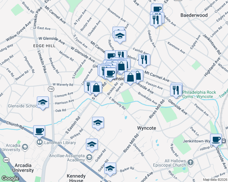 map of restaurants, bars, coffee shops, grocery stores, and more near 185 South Keswick Avenue in Glenside